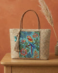 Handmade Parrot Jute Tote Bag. Beaded Large Artisan Stylish Fashion Handbag For Women