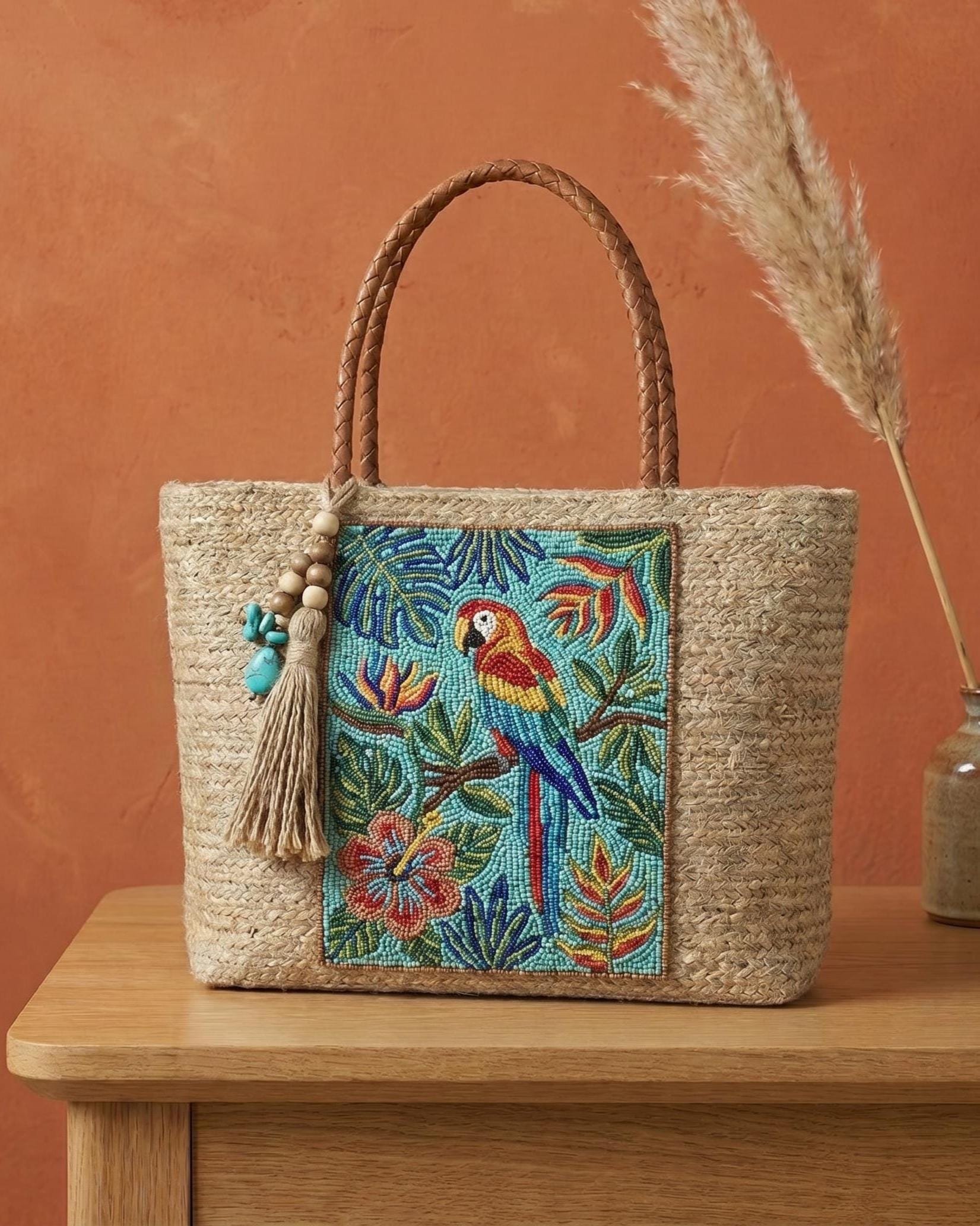 Handmade Parrot Jute Tote Bag. Beaded Large Artisan Stylish Fashion Handbag For Women