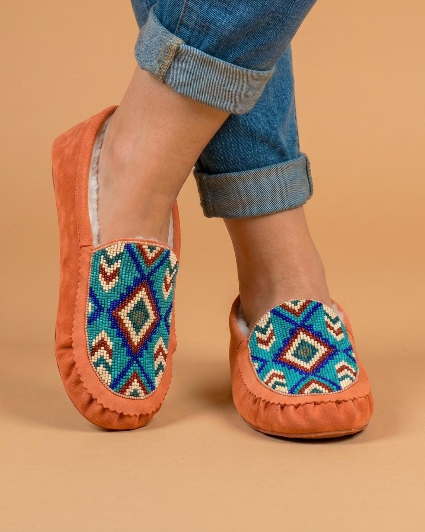 Peach Beaded Moccasins. Handmade Unique Soft Sole Slip on Shoes For Women