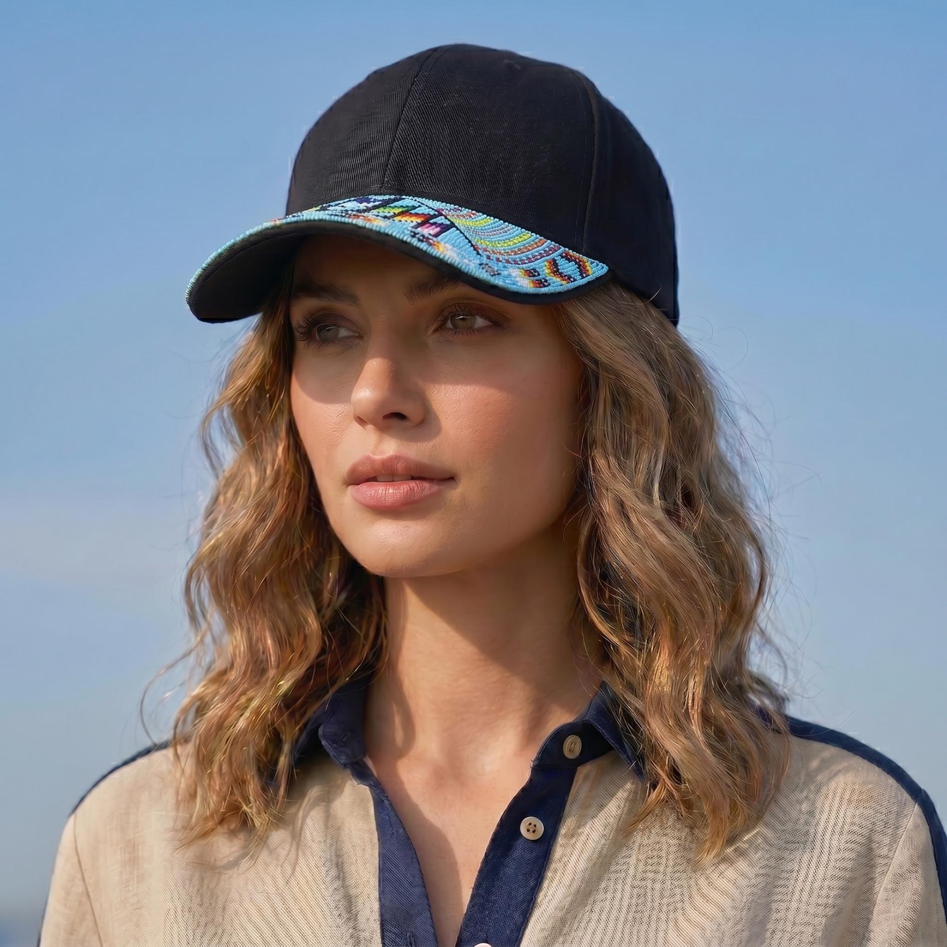 Sky Blue Rainbow Beaded Baseball Cap - Handmade Native American Style - Adjustable Unisex Cotton Hat For Men & Women