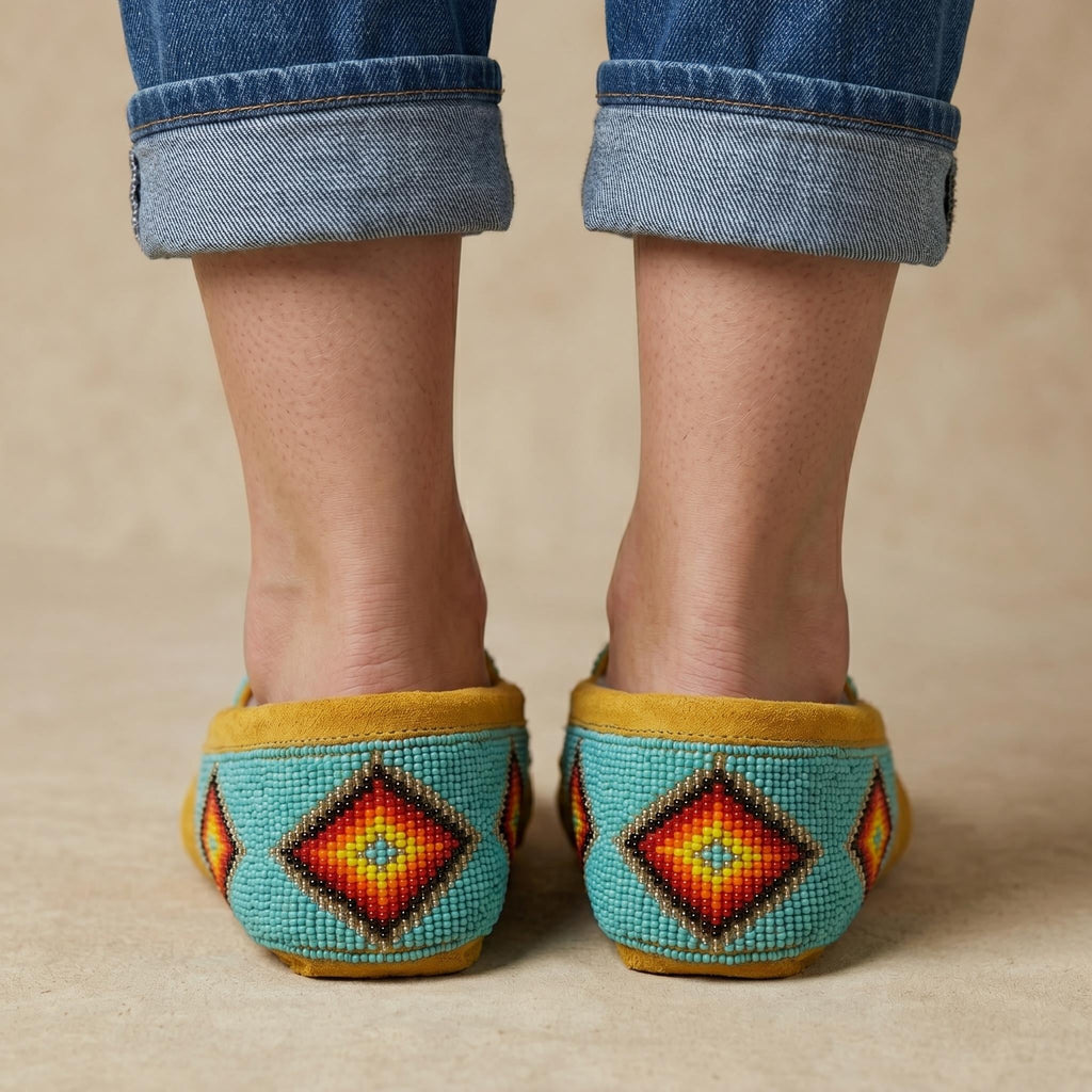 Handmade Beaded Leather Moccasins with Soft Sole. Stylish Slip On Shoes For Women.