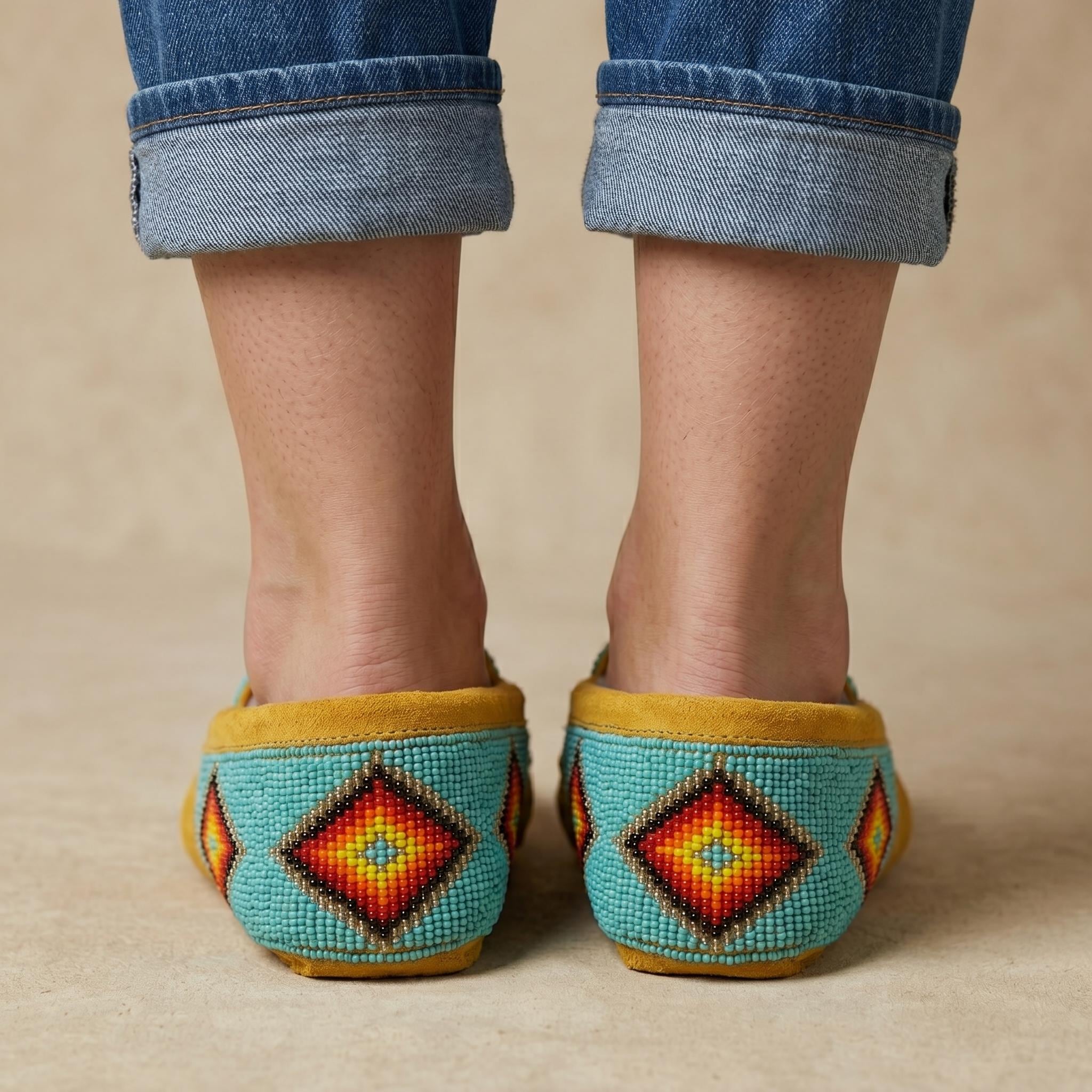 Handmade Beaded Leather Moccasins with Soft Sole. Stylish Slip On Shoes For Women.