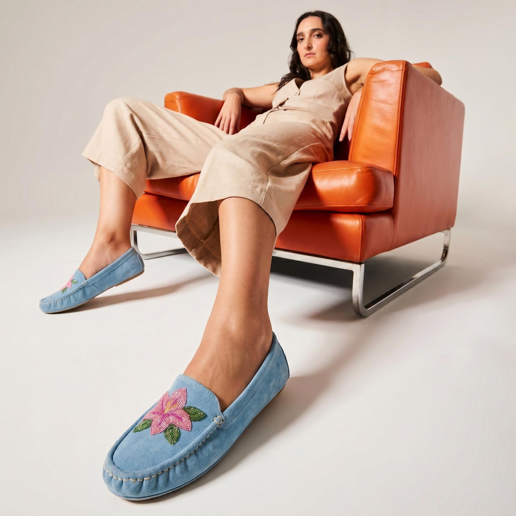 Blue Flower Beaded Moccasins. Handmade Unique Soft Sole Slip on Shoes For Women