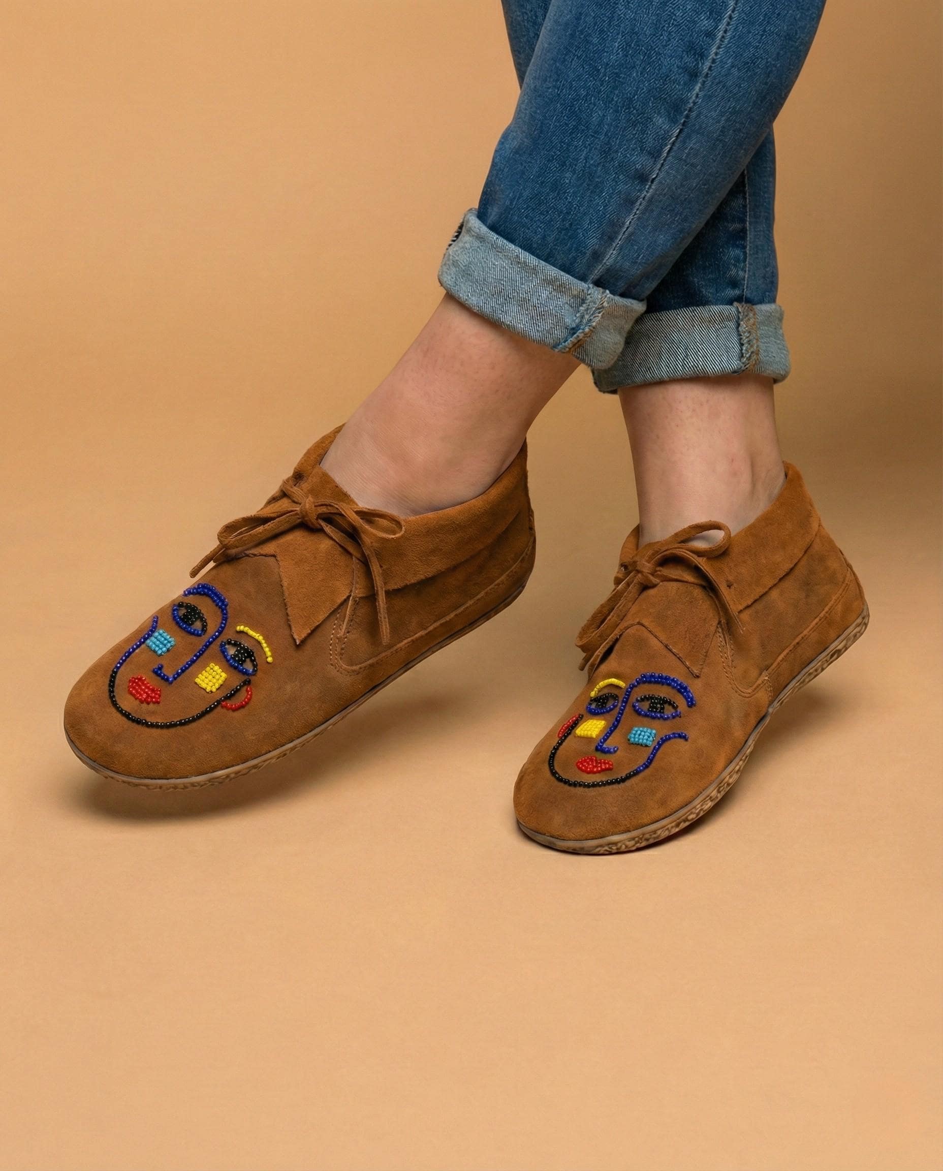 Handmade Womens Suede Moccasins. Stylish Modern Beaded Leather Shoes Suitable For Outdoor Wear.