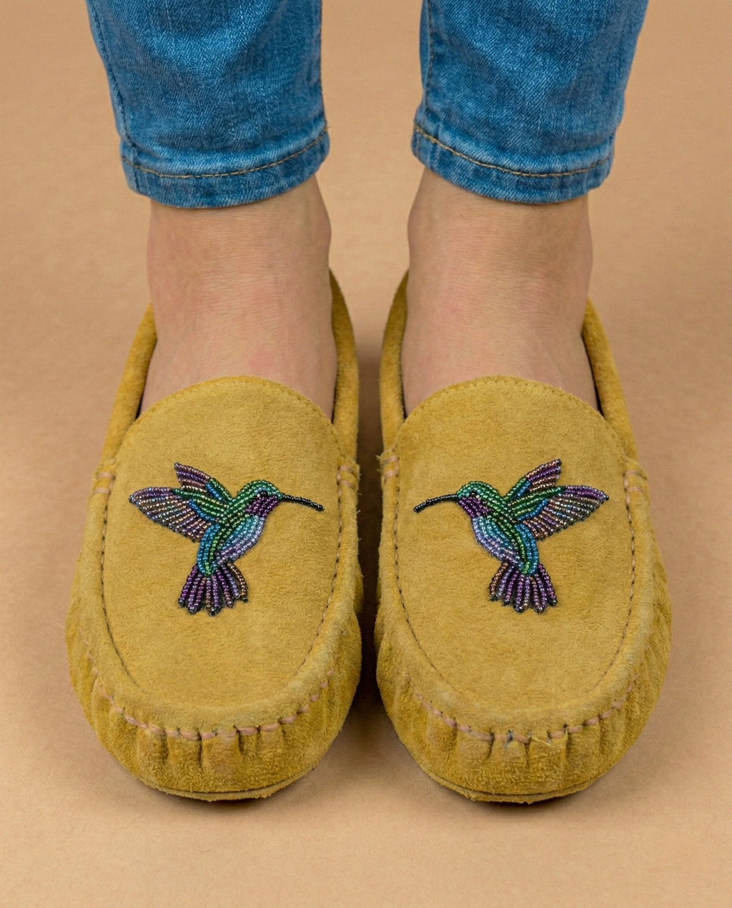 Hummingbird Beaded Leather Moccasins - Handmade Native American Style Shoes For Women. Suitable For Gifting