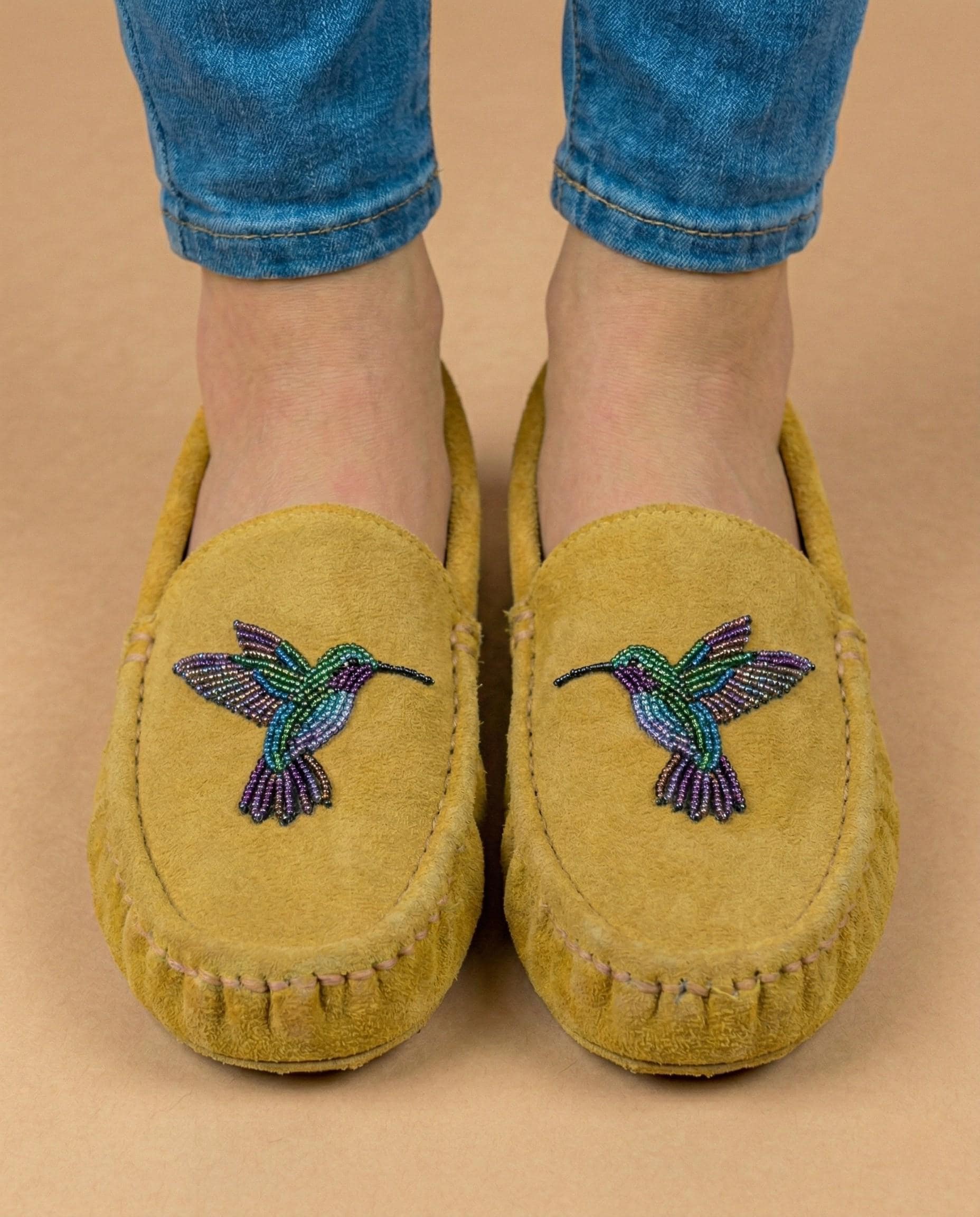 Hummingbird Beaded Leather Moccasins - Handmade Native American Style Shoes For Women. Suitable For Gifting