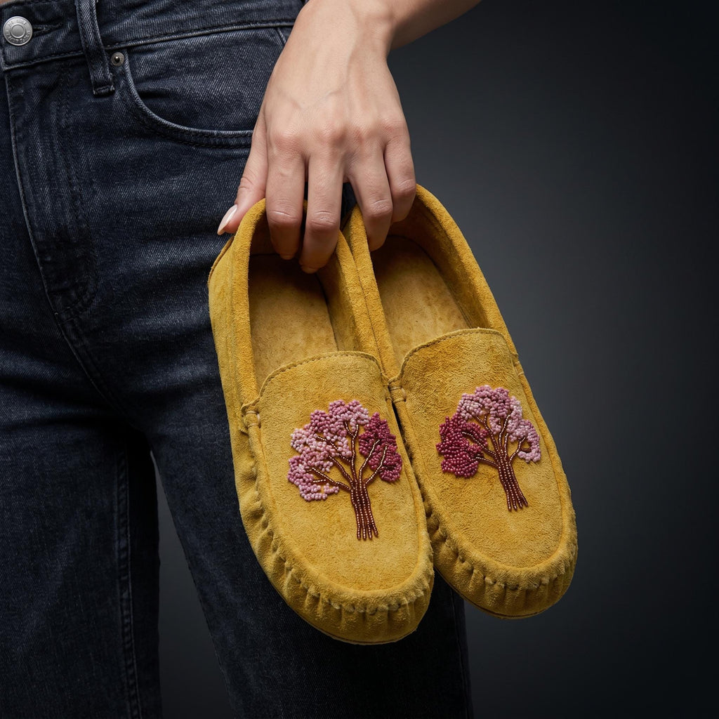 Weskara Hand Beaded Tree Moccasins Handmade Unique Soft Sole Slip on Shoes For Women
