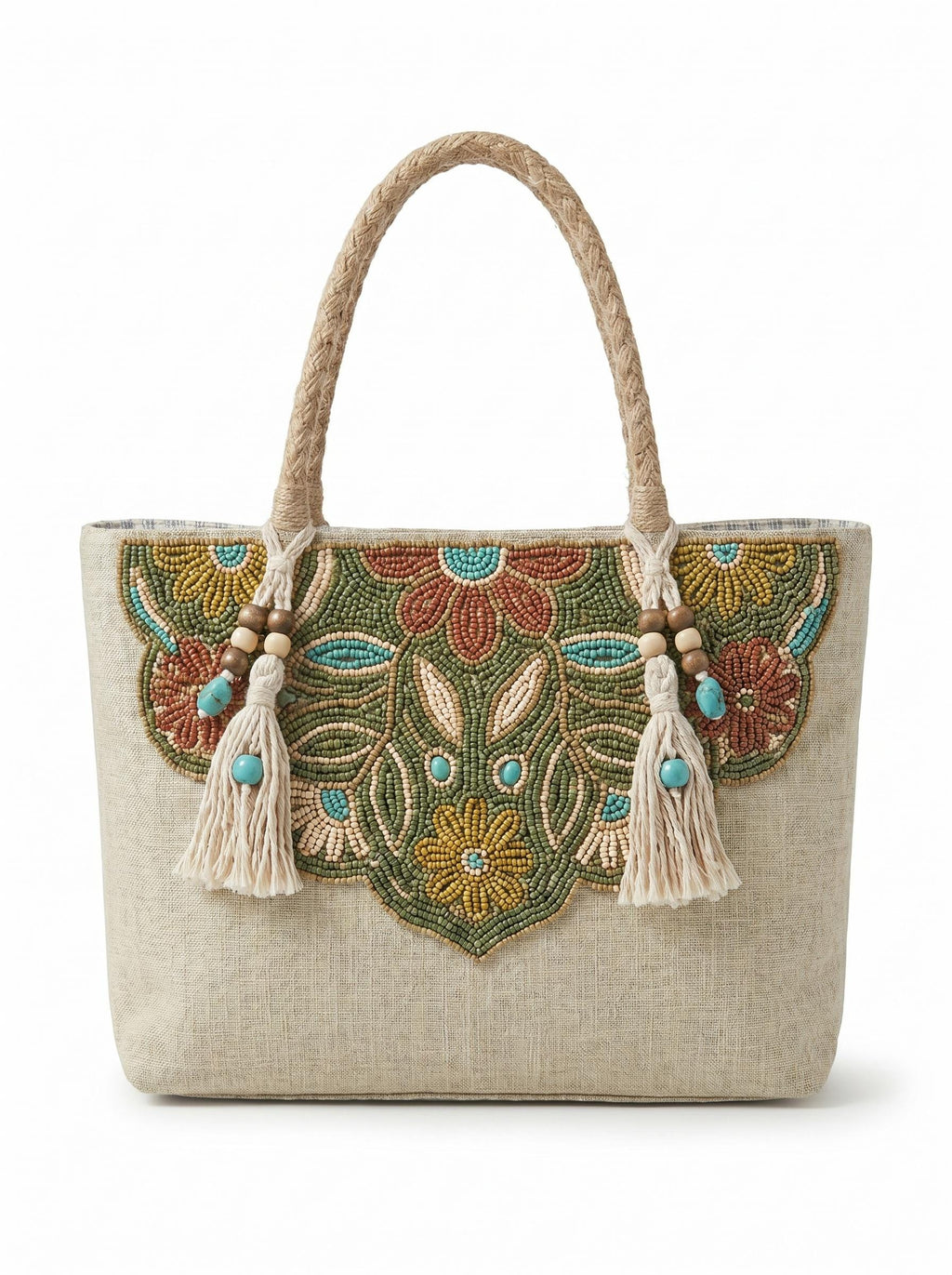 Handmade Floral Canvas Tote Bag. Beaded Large Artisan Summer Handbag