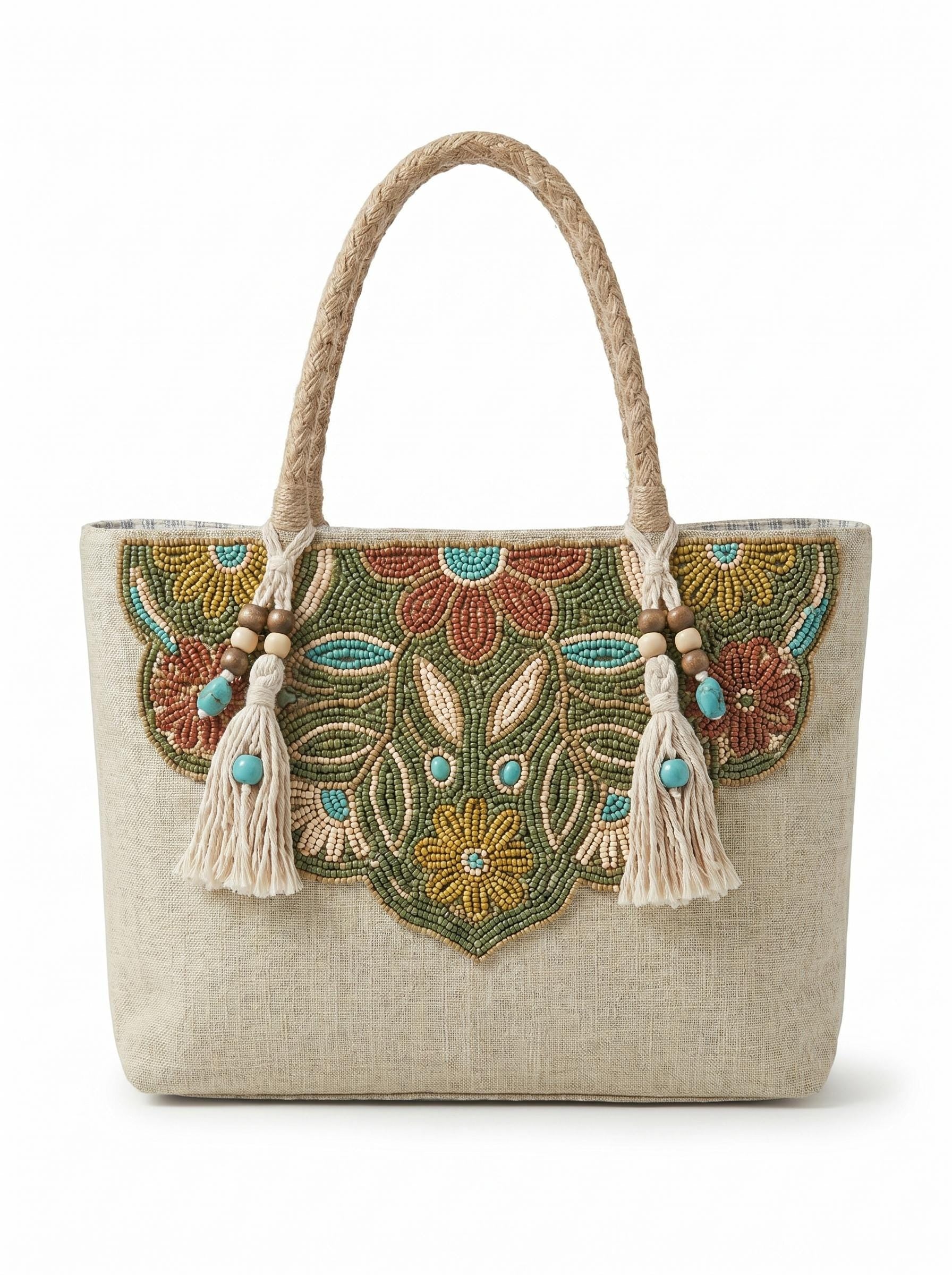Handmade Floral Canvas Tote Bag. Beaded Large Artisan Summer Handbag