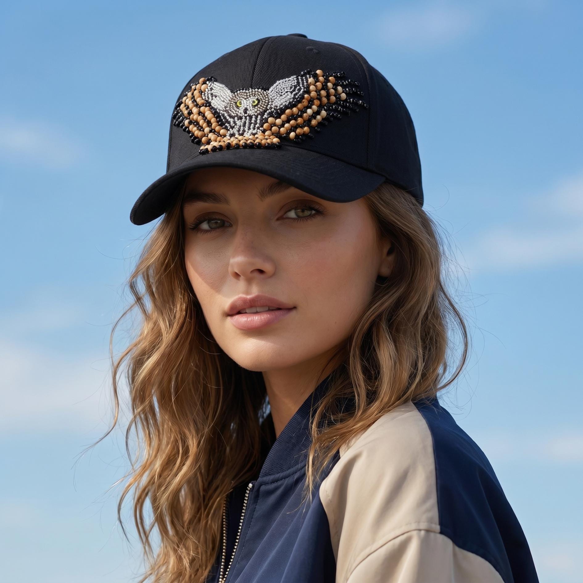 Snowy Owl Spirit Beaded Baseball Cap - Handmade Native American Style Adjustable Unisex Cotton Hat For Men & Women