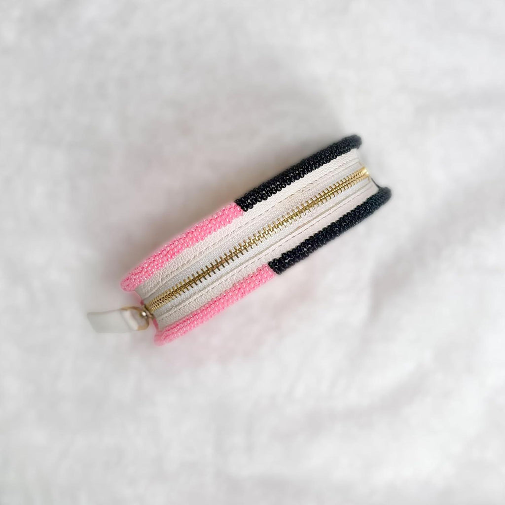 Handmade Coin Purse. Pink & Black Beaded Hand Pouch For Essentials.