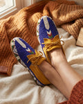 Outdoors and Dancing Beaded Leather Lace Up Moccasins, Native Style Blue Beadwork, Women's Suede Shoes. Gift For Her