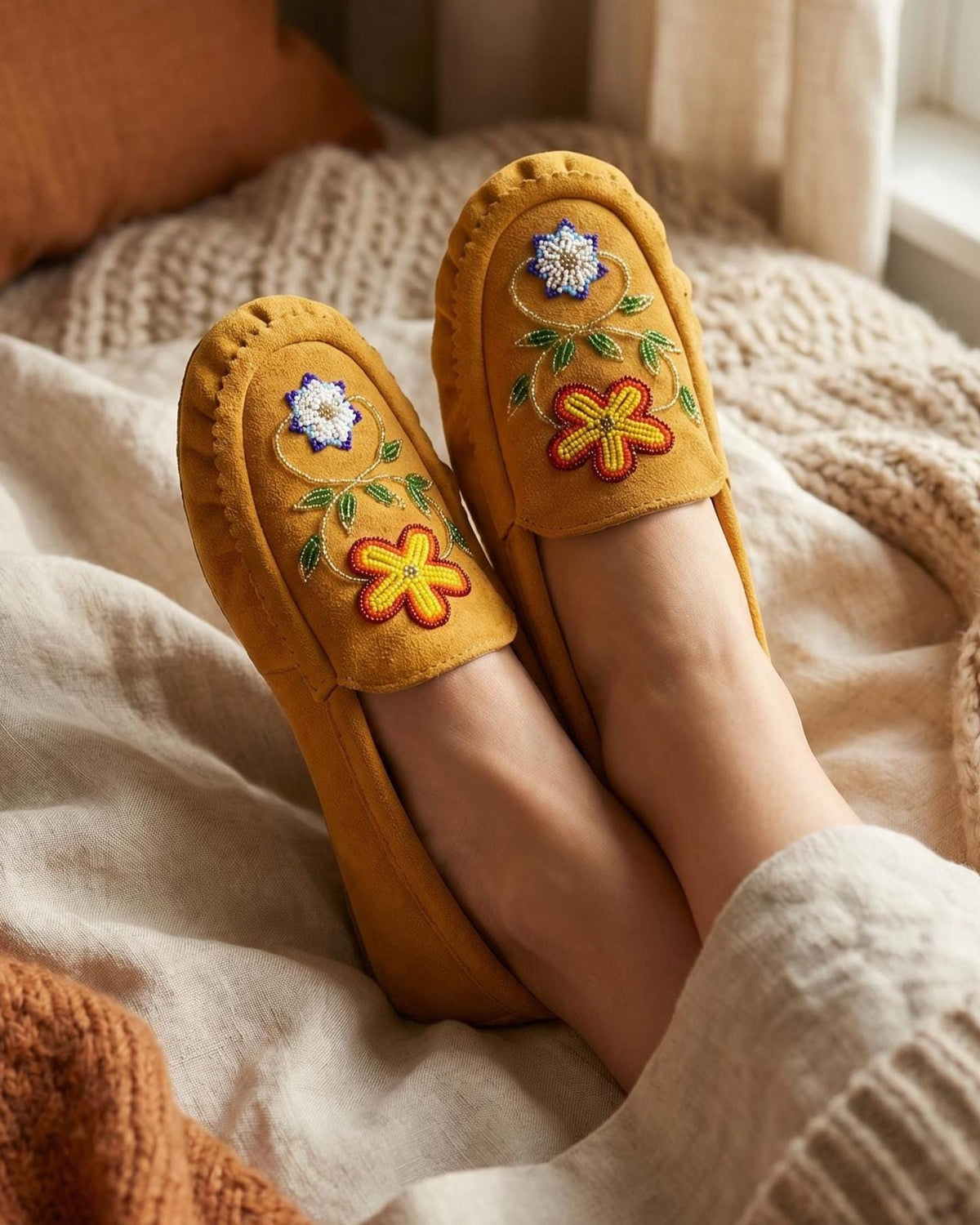Hand-beaded golden yellow moccasins with a red, orange and gold diamond medallion on turquoise