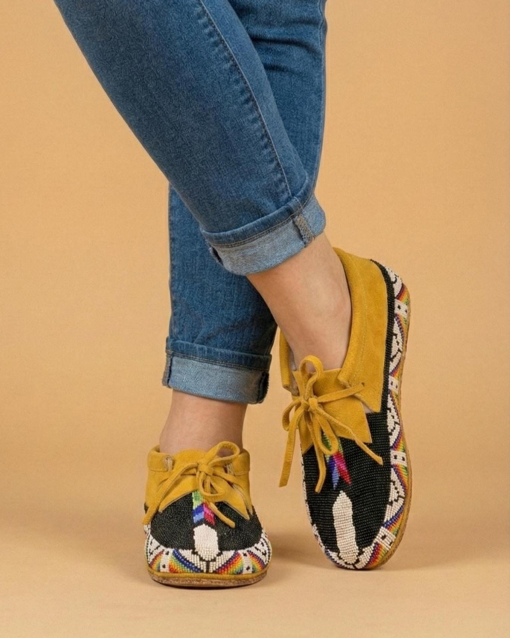 Outdoors and Dancing Beaded Suede Moccasins. Handmade Artisan Inspired Premium Black Lace up Leather Footwear For Women.