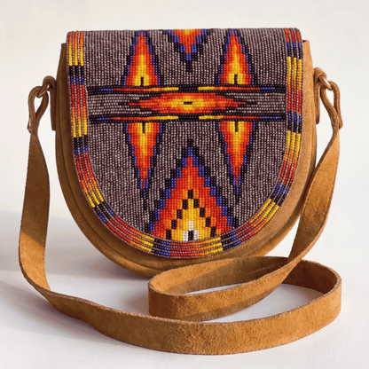 Orange Geometric Beaded Tan Suede Crossbody Bag