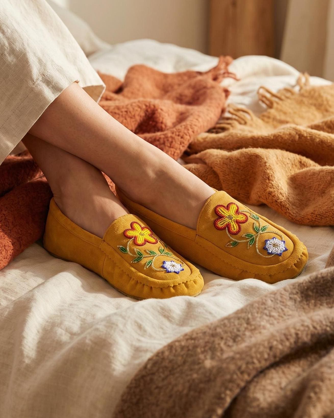 Handmade Yellow Suede Moccasins. Stylish Modern Beaded Leather Loafers.