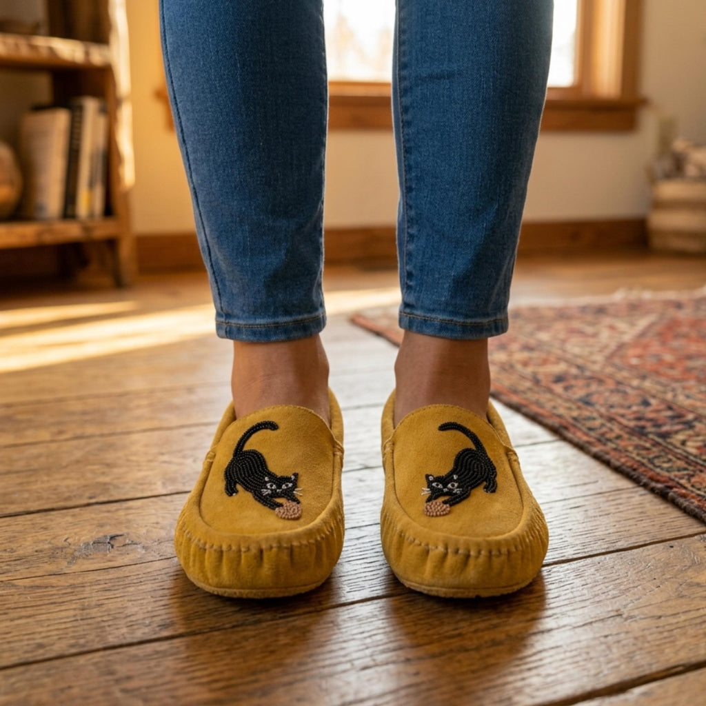 Yellow Cat Beaded Moccasins. Handmade Unique Soft Sole Slip on Shoes For Women