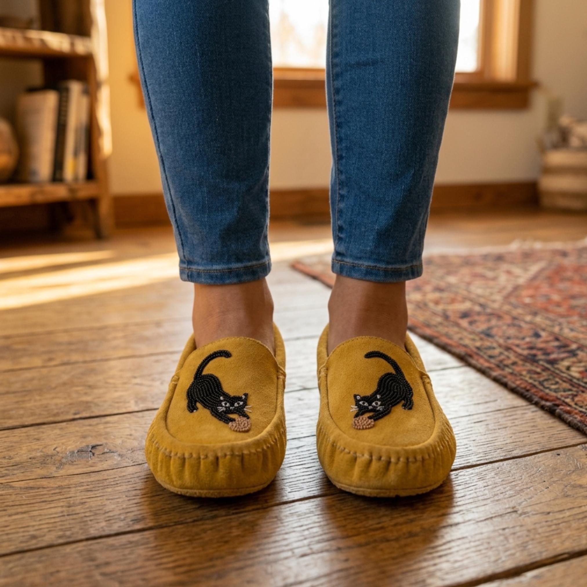 Yellow Cat Beaded Moccasins. Handmade Unique Soft Sole Slip on Shoes For Women