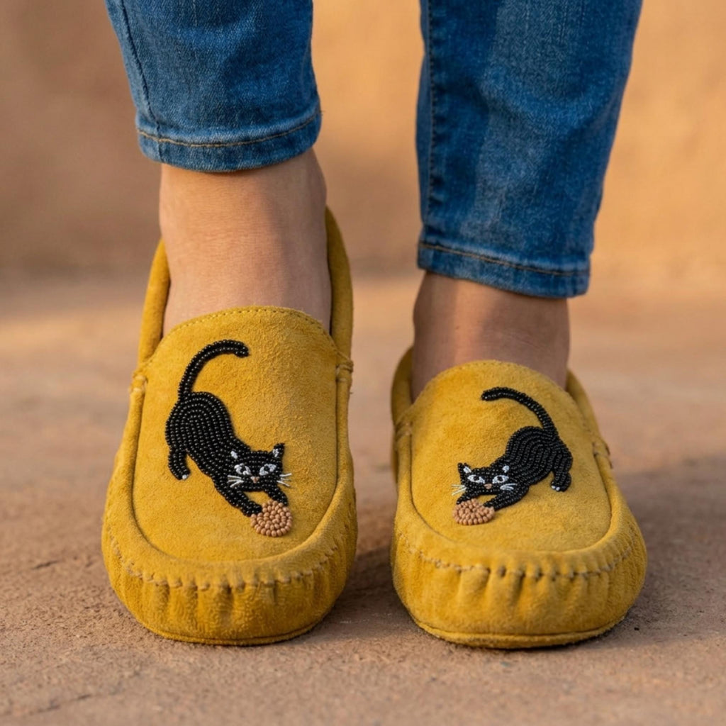 Yellow Cat Beaded Moccasins. Handmade Unique Soft Sole Slip on Shoes For Women