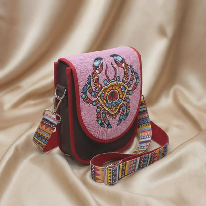 Crab Sunset Beaded Pink Canvas Crossbody Bag
