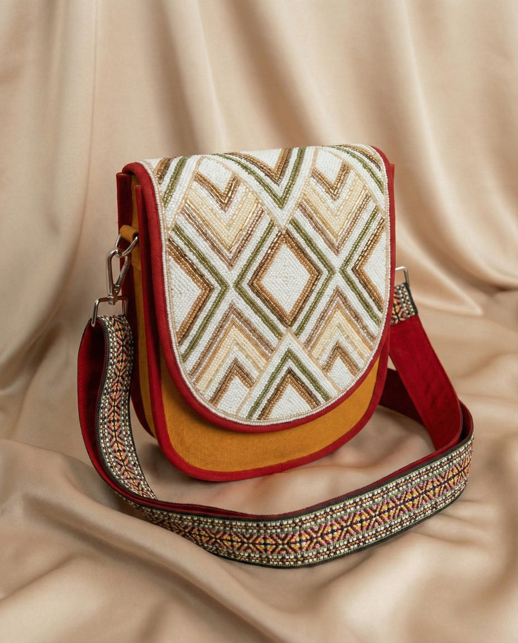 Beaded Crossbody Bag, Boho Handmade Unisex Canvas Sling Purse with Adjustable Strap