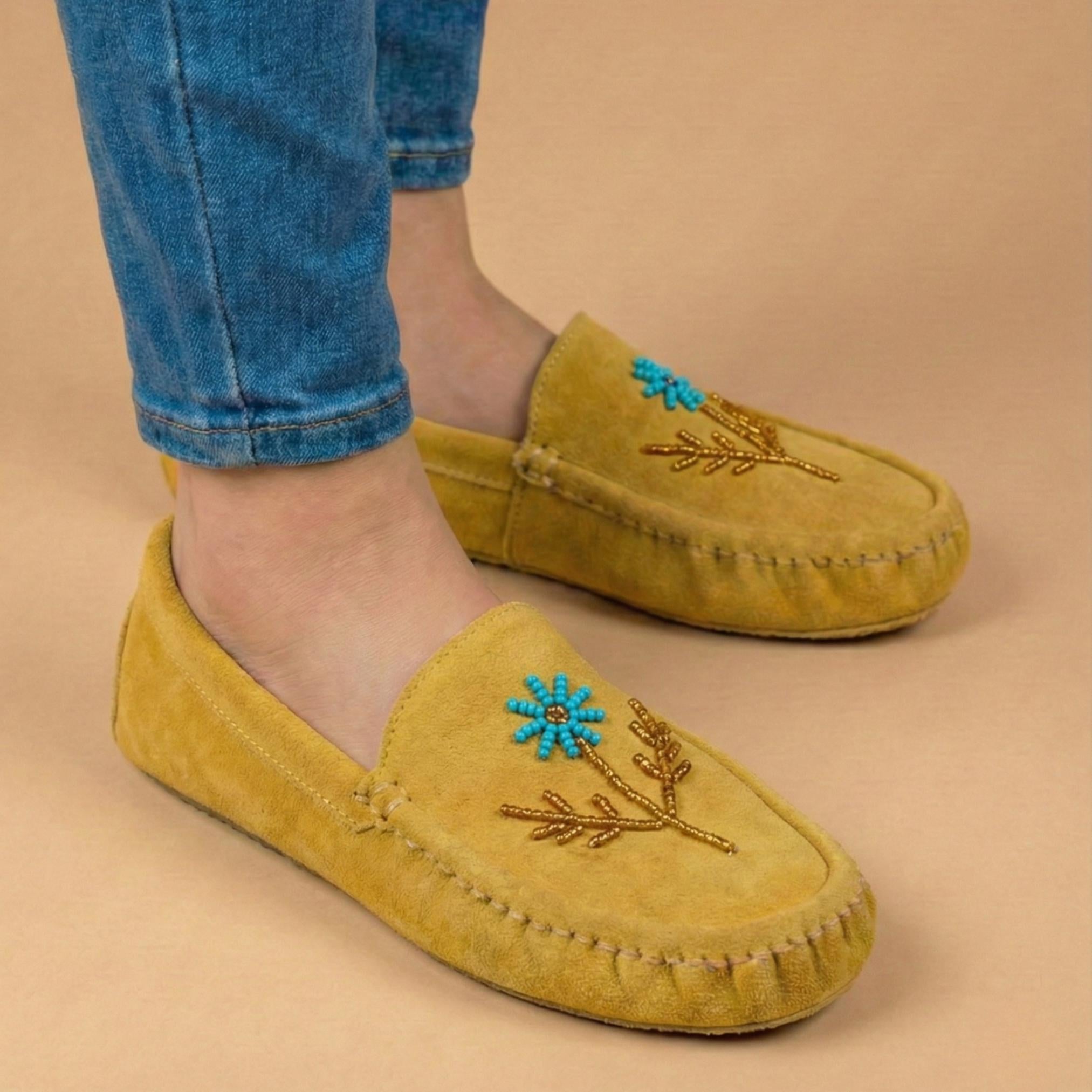 Handmade Yellow Suede Moccasins - Stylish Modern Aqua Flower Beaded Leather Loafers.