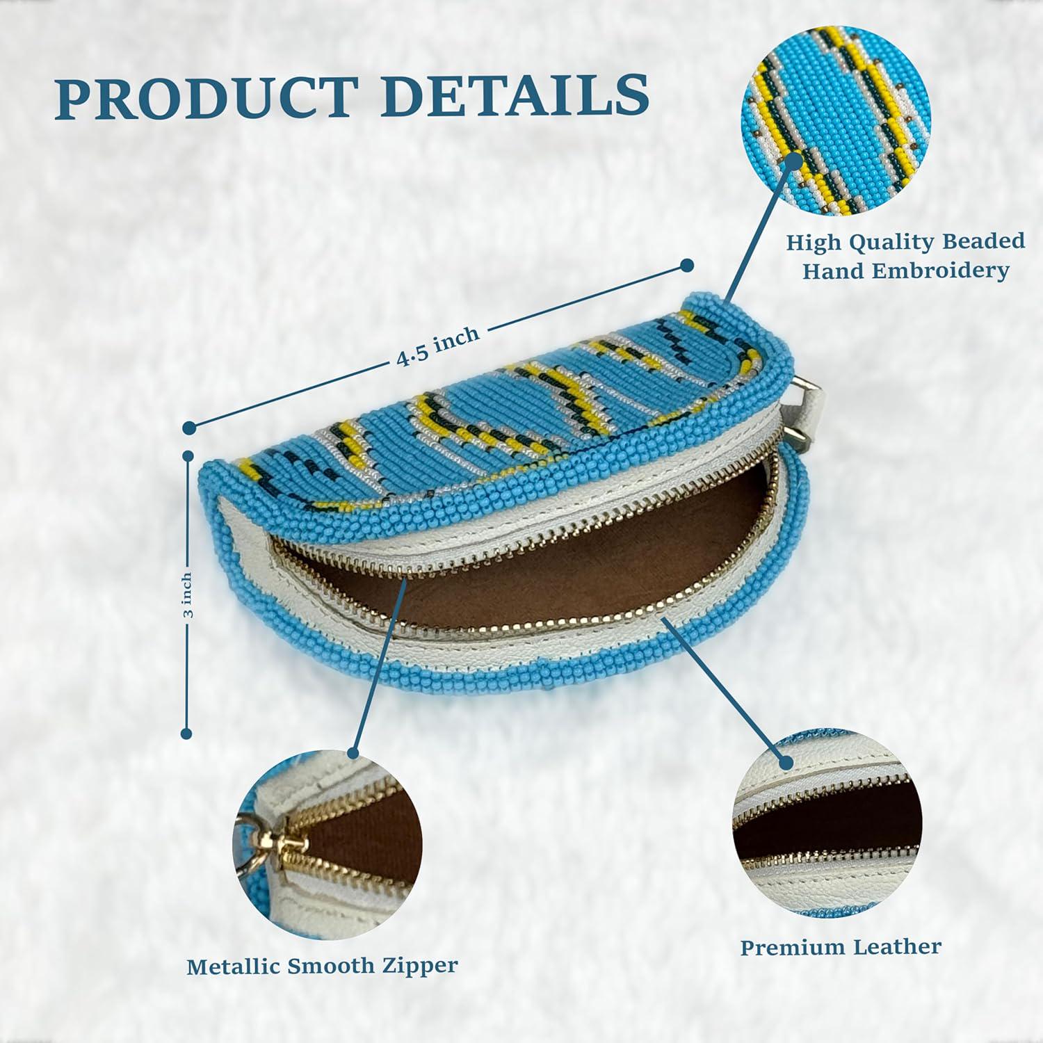 Handmade Coin Purse. Blue Geometrical Beaded Hand Pouch For Essentials.