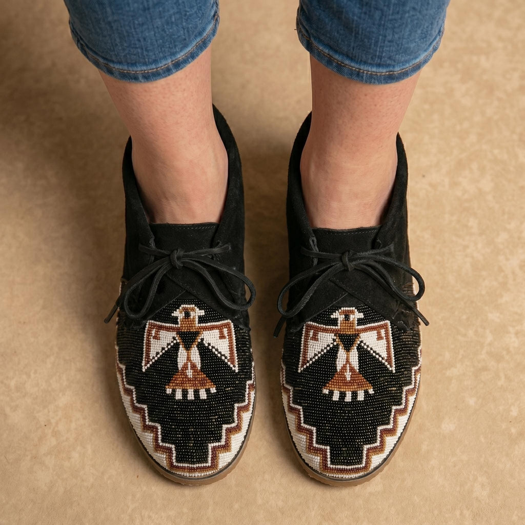 Outdoors Black Suede Beaded Moccasins. Authentic Lace Up Leather Shoes For Women