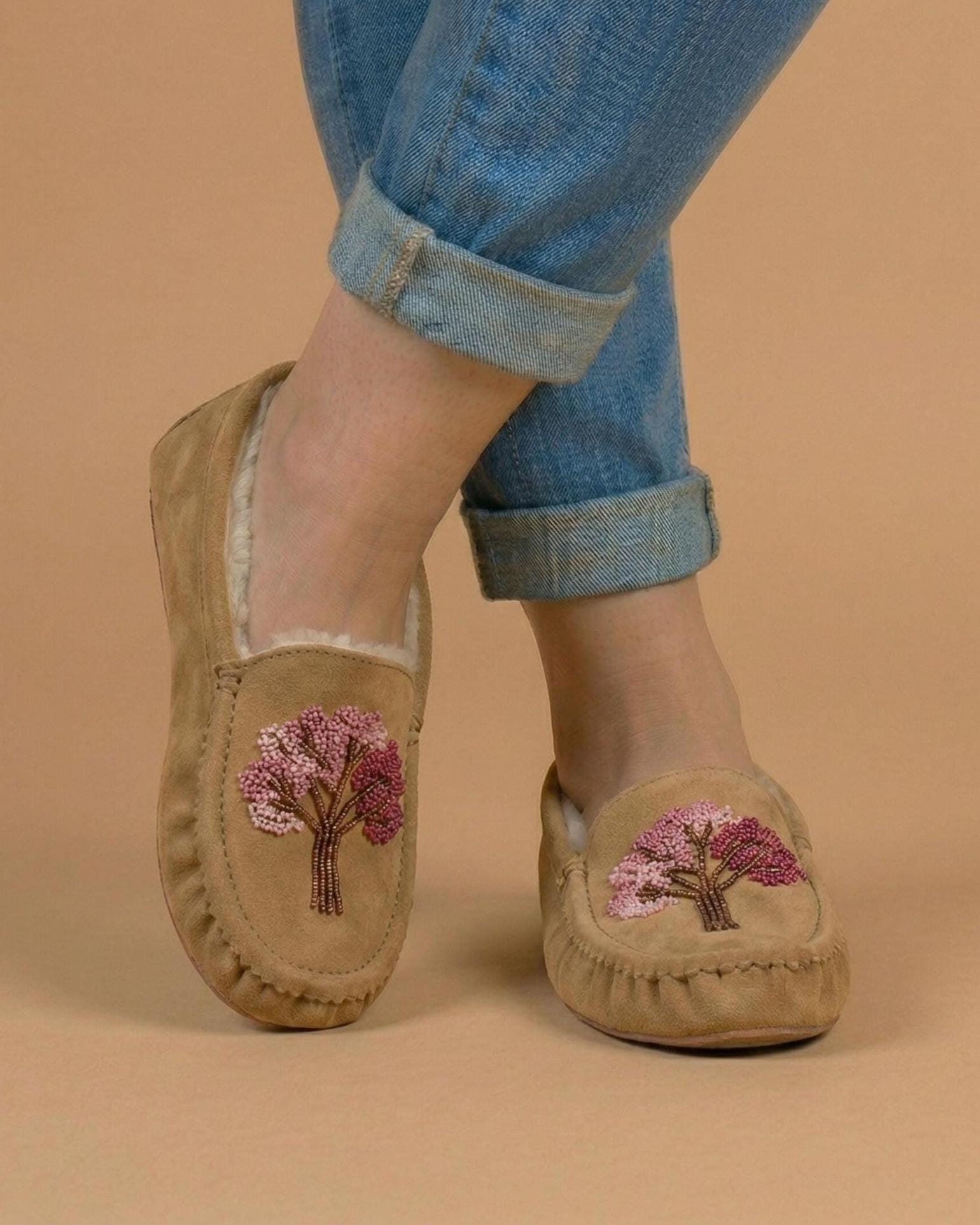 Weskara Hand Beaded Tree Moccasins Handmade Unique Soft Sole Slip on Shoes For Women