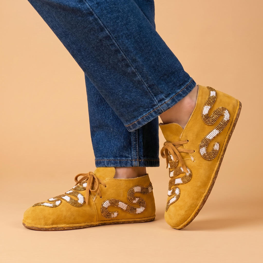 Beaded Snake Design Moccasins. Handmade Unique Suede Lace-up Shoes For Women. Suitable For Outdoor Wear. Summer Gift For Her.