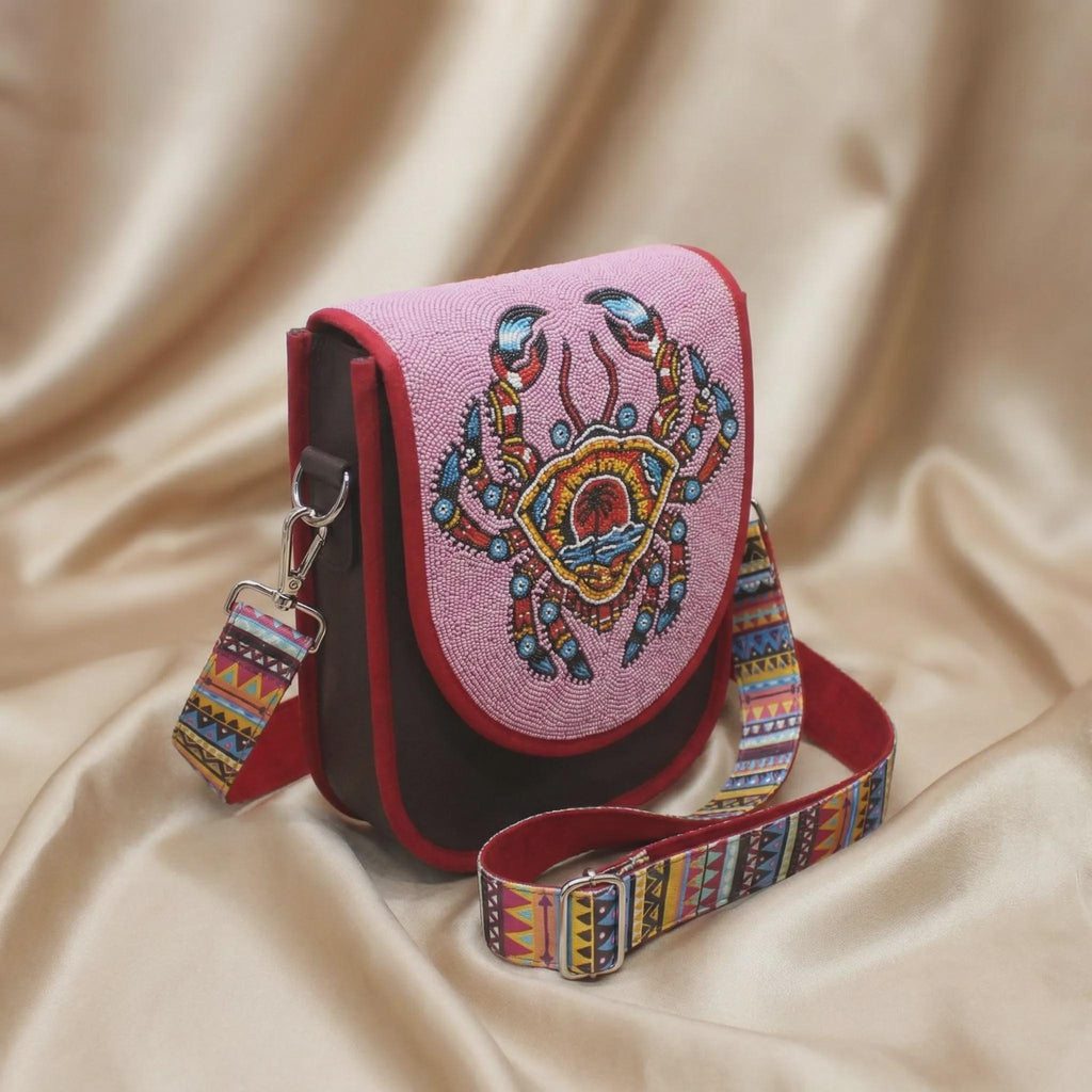 Beaded Crossbody Bag, Boho Handmade Unisex Canvas Sling Purse with Adjustable Strap