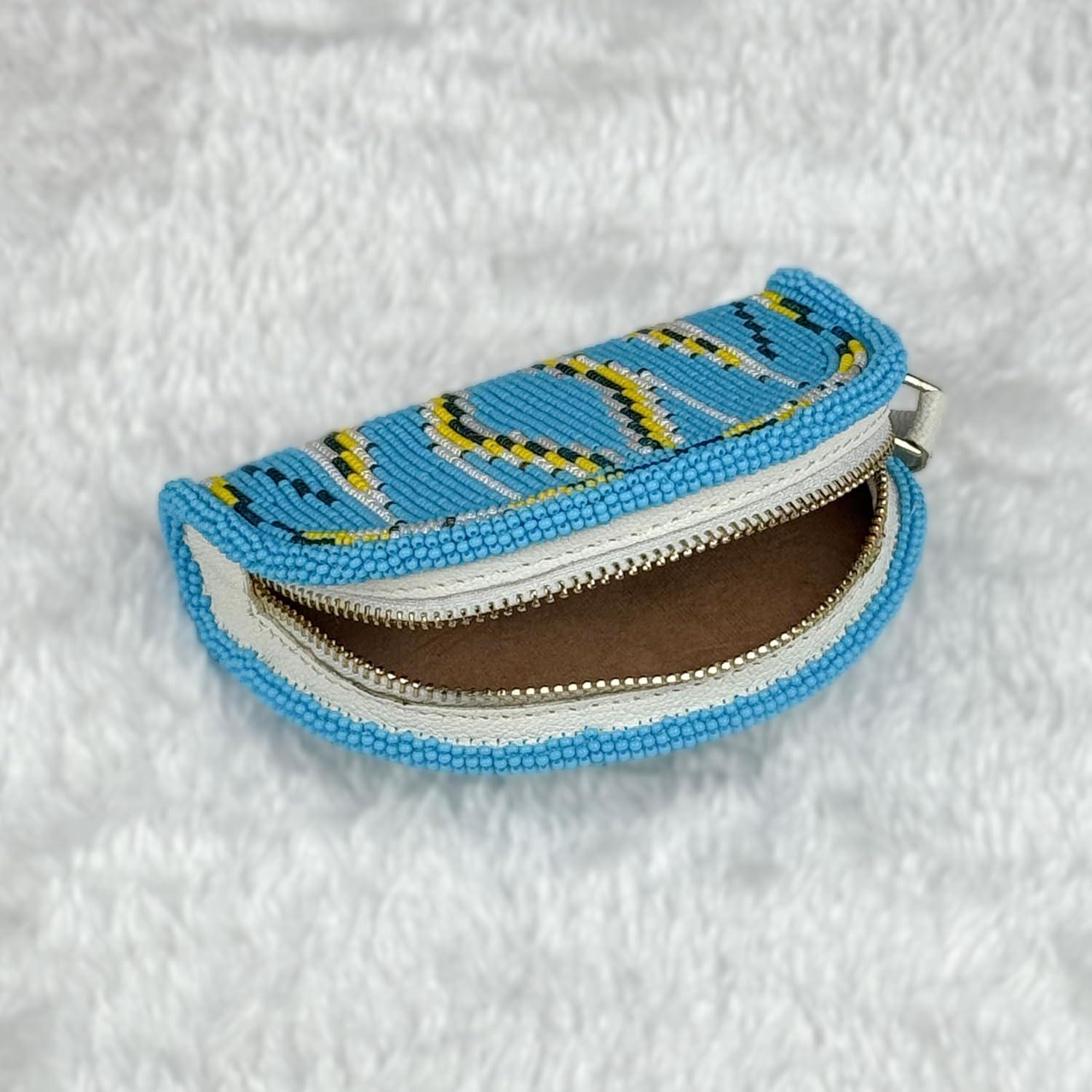 Handmade Coin Purse. Blue Geometrical Beaded Hand Pouch For Essentials.