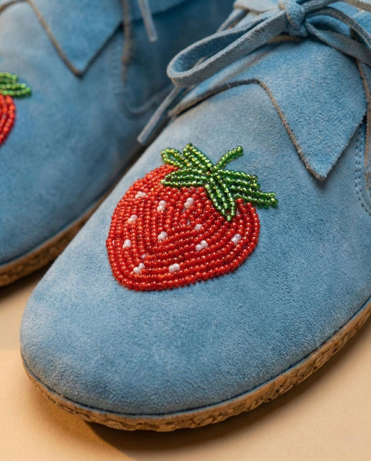 Strawberry Beaded Blue Suede Lace-Up Moccasins for Women