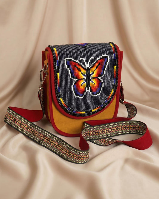 Monarch Butterfly Beaded Navy Canvas Crossbody Bag