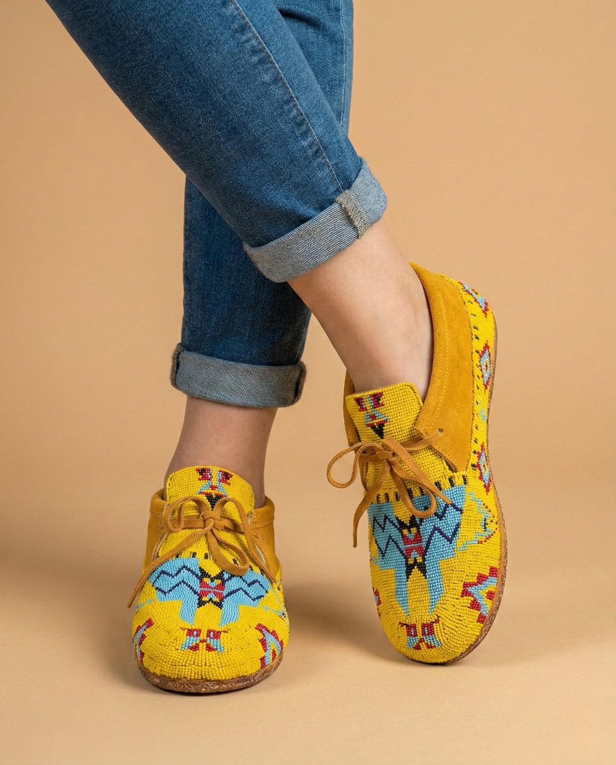 Turquoise and White Geometric Beaded Suede Lace-Up Moccasins for Women