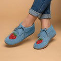 Blue Suede Moccasins with Strawberry Beading – Handmade Leather Shoes For Women