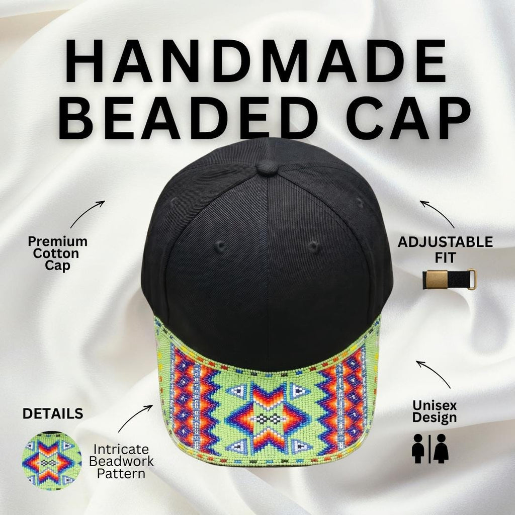 Geometric - Lime Green - Grey Beaded Baseball Cap - Handmade Native American Style Adjustable Unisex Cotton Hat For Men & Women