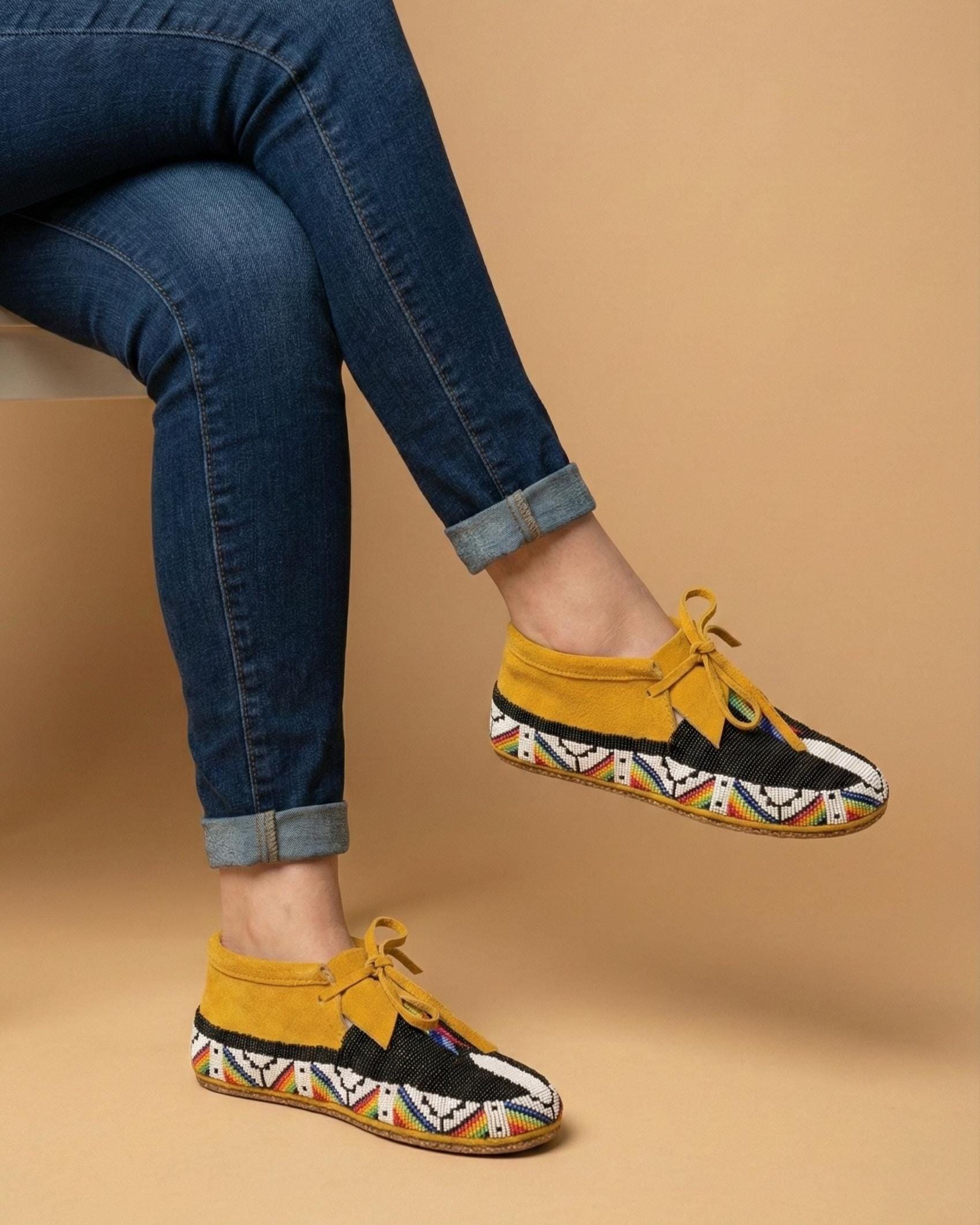 Outdoors and Dancing Beaded Suede Moccasins. Handmade Artisan Inspired Premium Black Lace up Leather Footwear For Women.