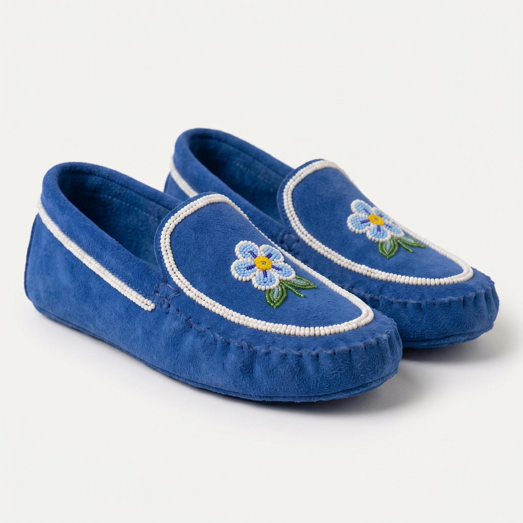 Hand-Stitched Blue Suede Moccasins – Handmade Floral Beaded Leather Loafers For Women