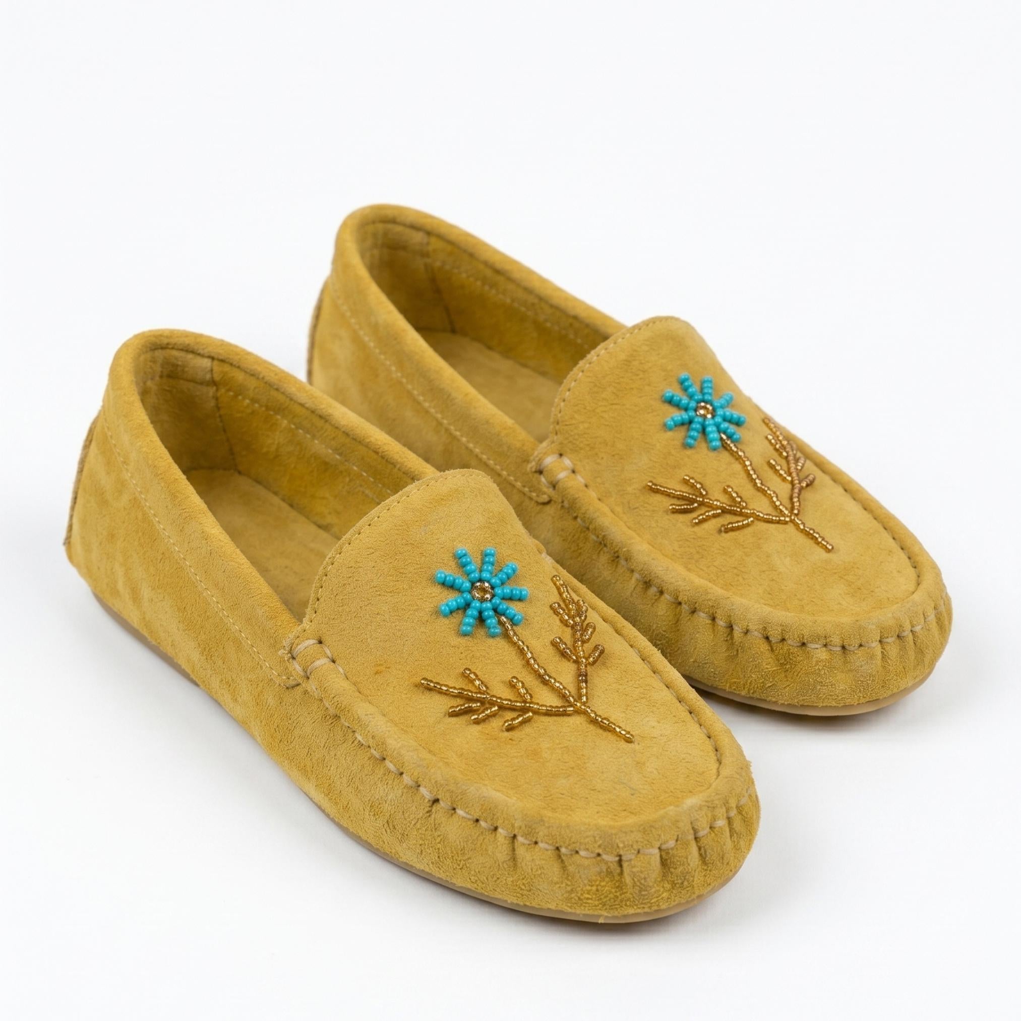Handmade Yellow Suede Moccasins - Stylish Modern Aqua Flower Beaded Leather Loafers.