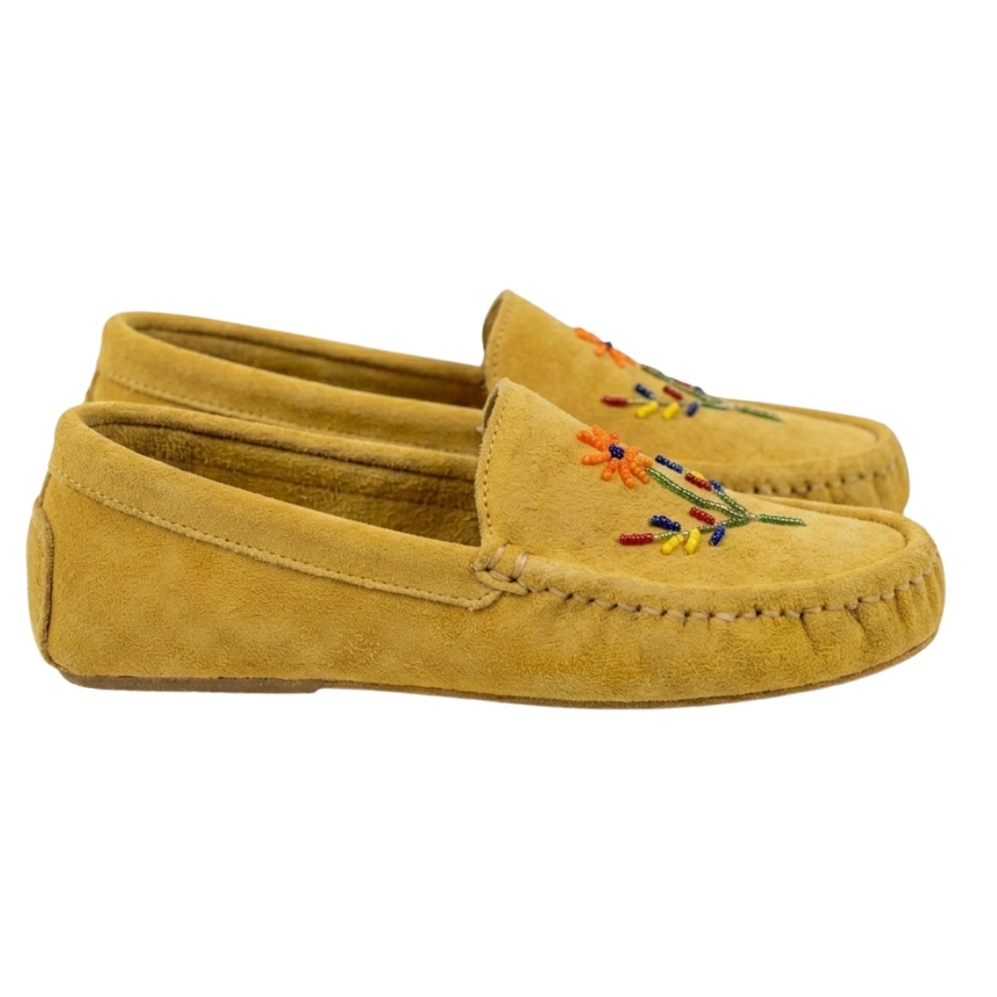 Orange Beaded Handmade Yellow Suede Moccasins - Stylish Modern Flower Design Leather Loafers.