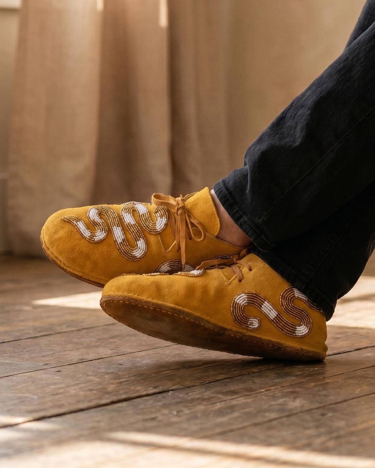Mens Beaded Snake Moccasins Men, Yellow Suede Lace Up Shoes, Handmade Western Boho Loafers, Bold Gift for Him