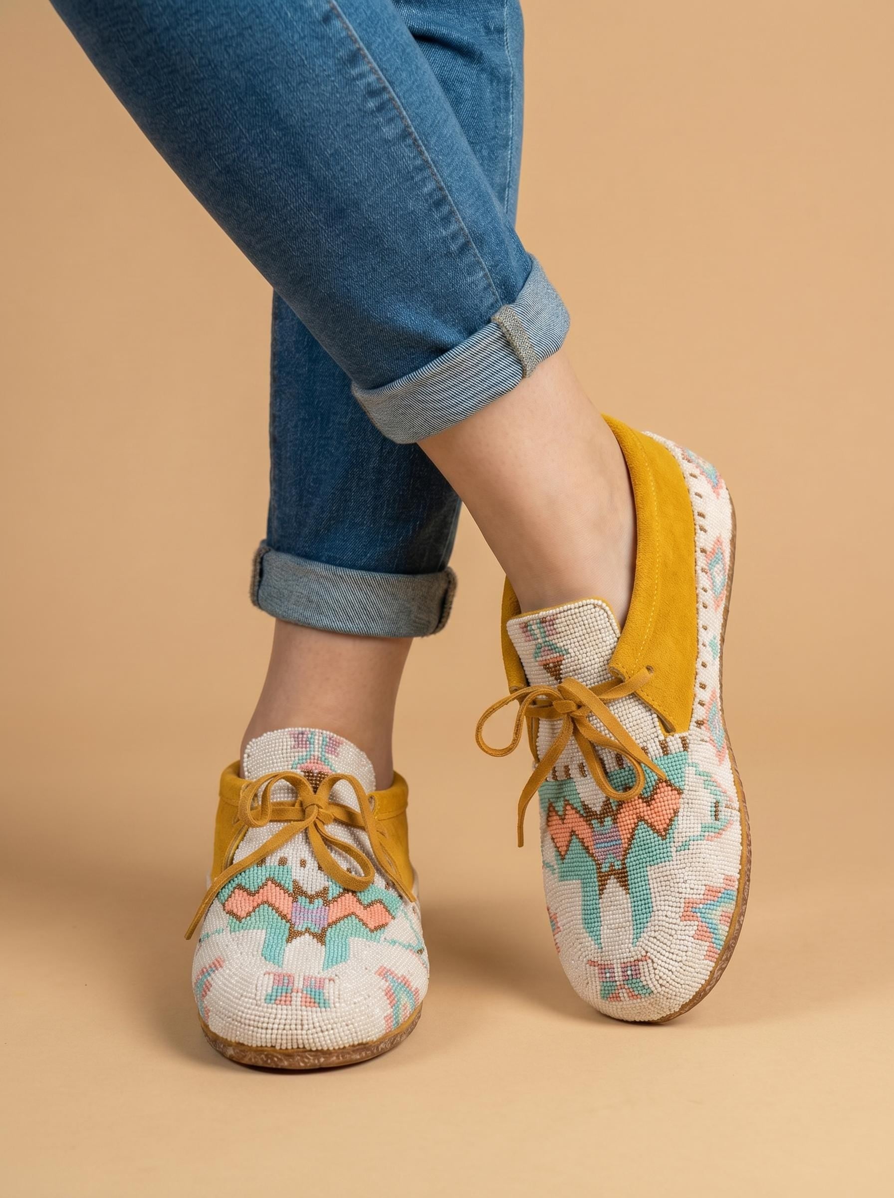 Outdoor and Dancing Beaded Suede Lace Up Moccasins, Native Style Geometric Beadwork, Women's Boho Footwear