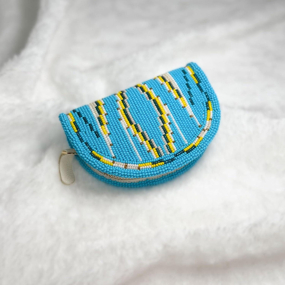 Sky Blue Ribbed Stripe Beaded Coin Purse