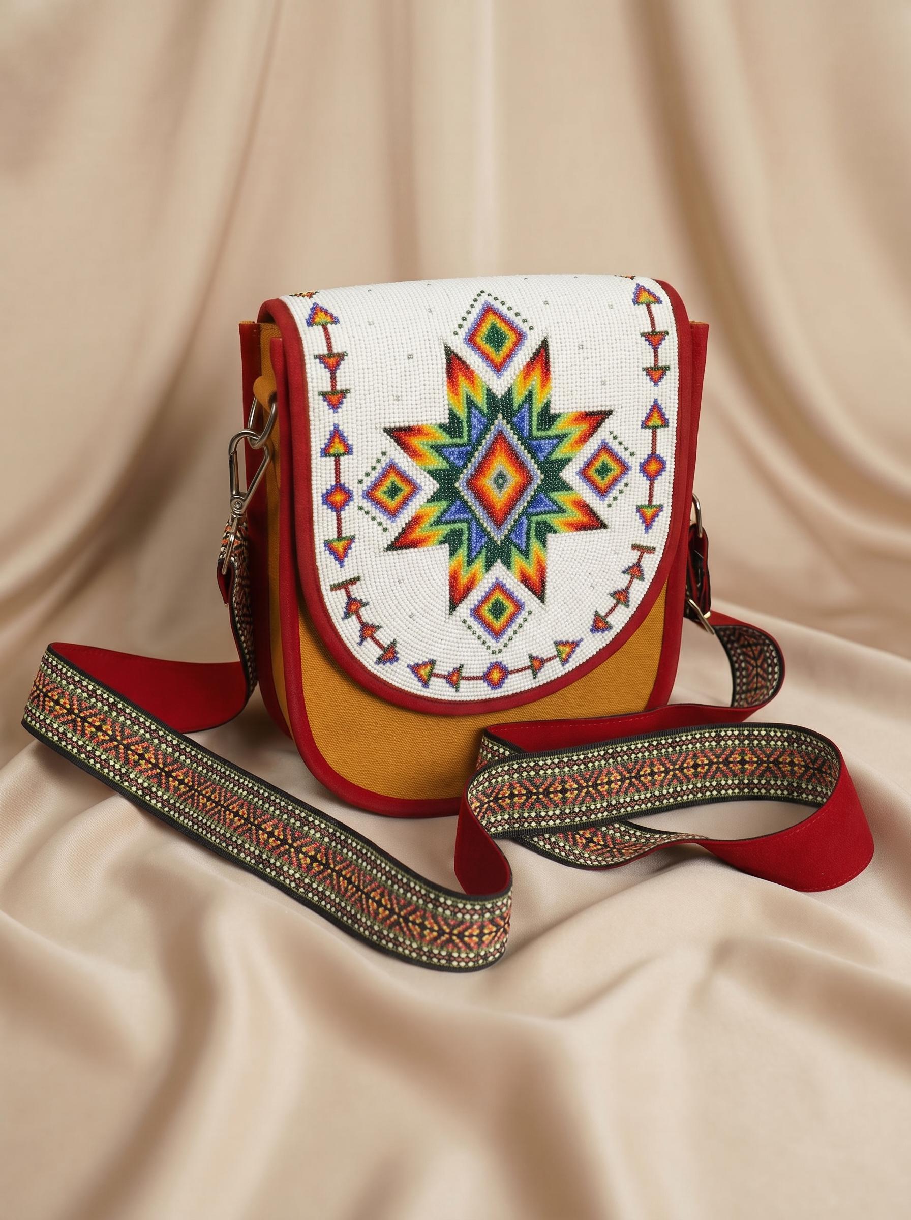 Beaded Crossbody Bag, Boho Handmade Unisex Canvas Sling Purse with Adjustable Strap