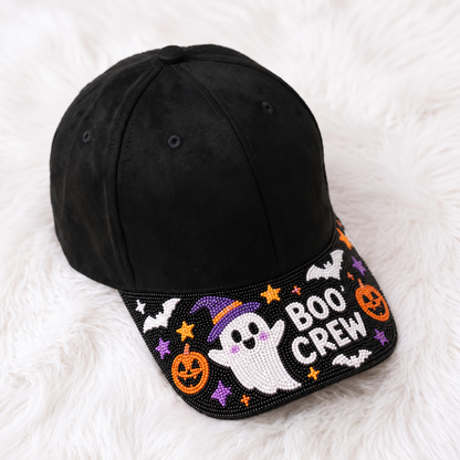 Halloween beaded baseball cap with Boo Crew ghost pumpkin and bat design
