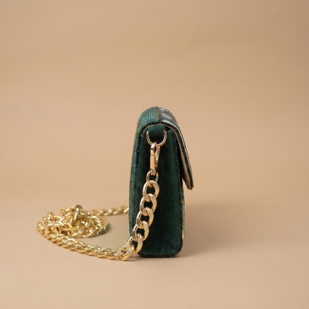 Handmade Sling Purse. Peacock Themed Green Beaded Shoulder Bag with Chain Strap For Women. Gift For Her