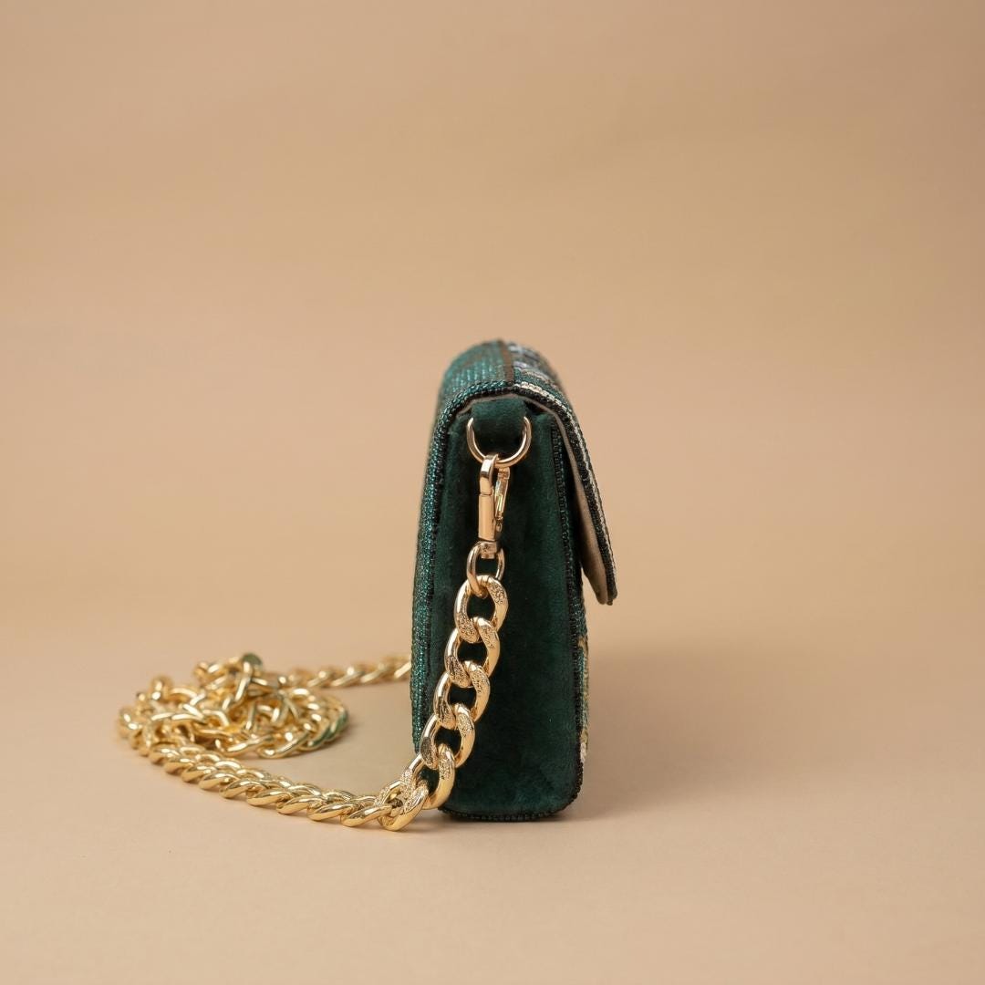 Handmade Sling Purse. Peacock Themed Green Beaded Shoulder Bag with Chain Strap For Women. Gift For Her