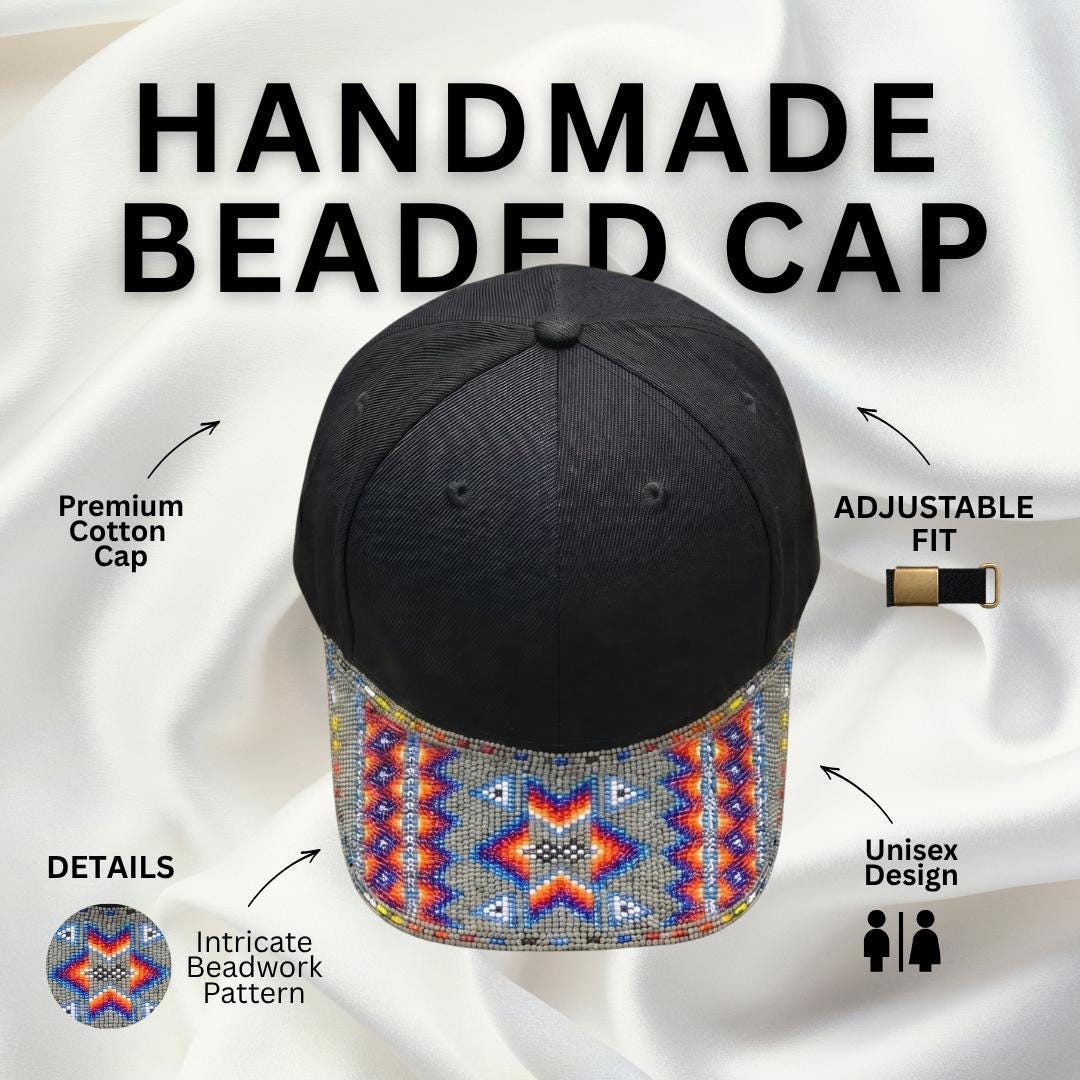 Geometric - Lime Green - Grey Beaded Baseball Cap - Handmade Native American Style Adjustable Unisex Cotton Hat For Men & Women