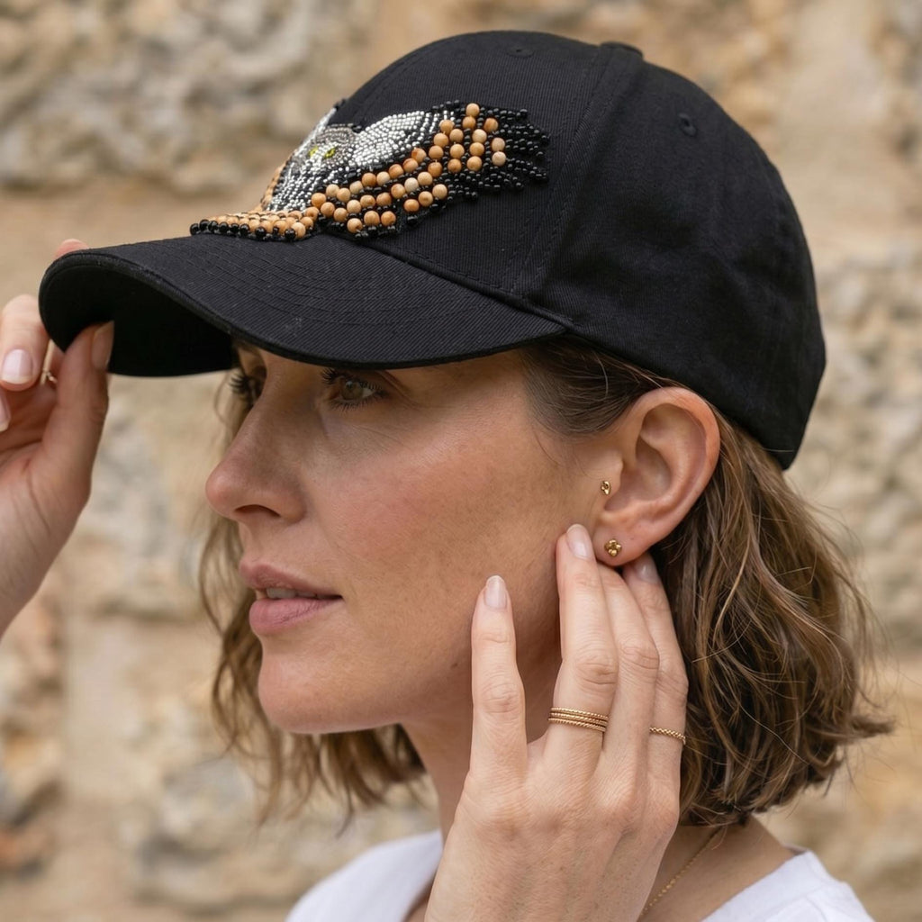 Snowy Owl Spirit Beaded Baseball Cap - Handmade Native American Style Adjustable Unisex Cotton Hat For Men & Women